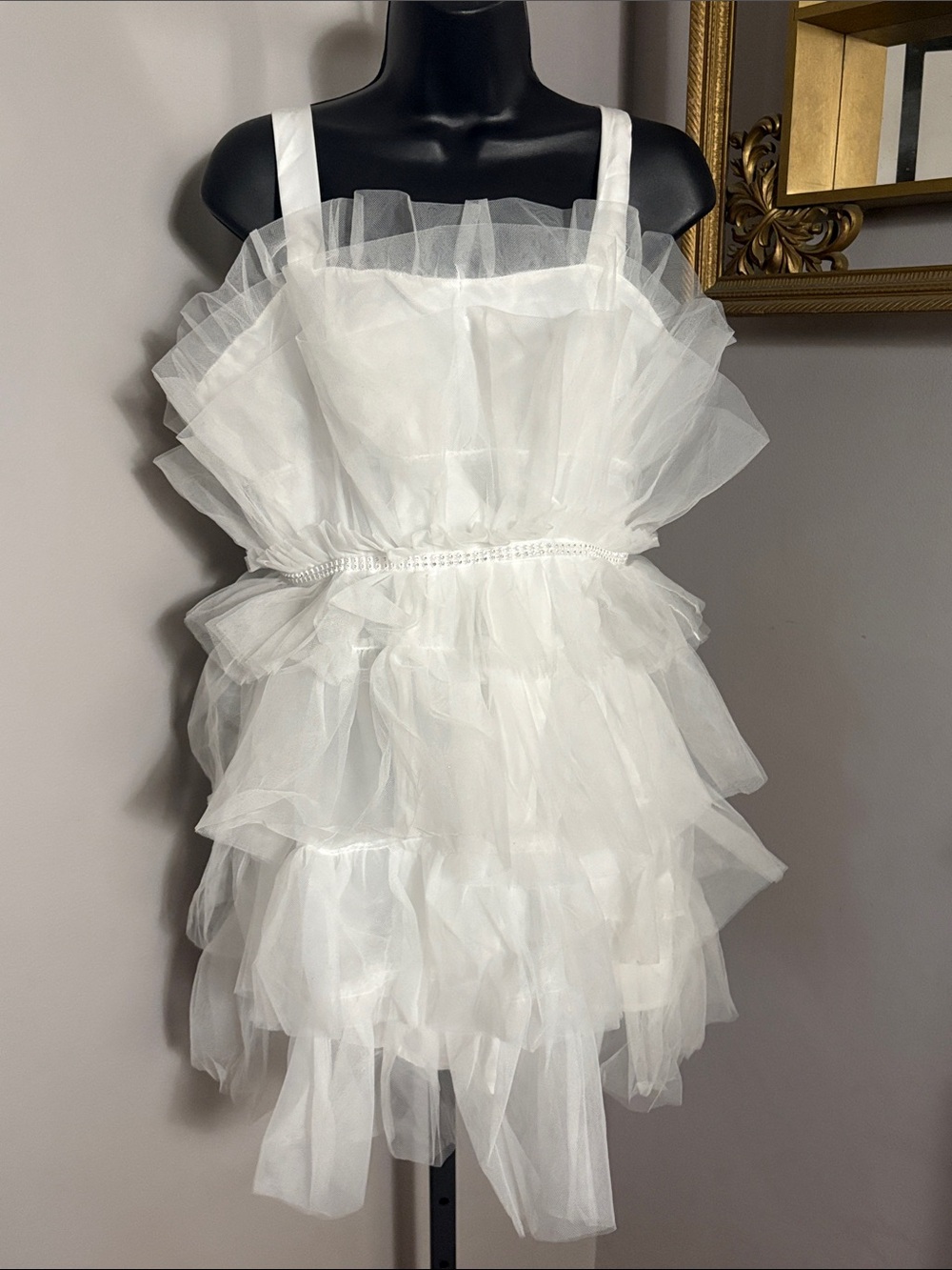 Streetwear Society Large White Layered Tulle Ruffle Dress Bling Waistline